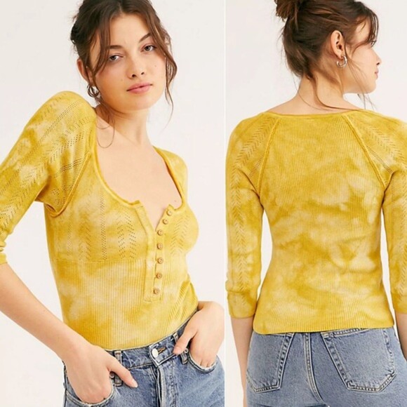 Free People Rory Tie Dye Henley Buttered Up Combo, Yellow, Size XL - Picture 1 of 9